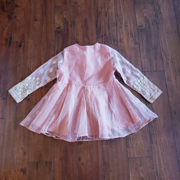 Women's Powder Coral Organza Gold Embroidery Yok Flare And Sleeves Peplum Top - Picture 12 of 14